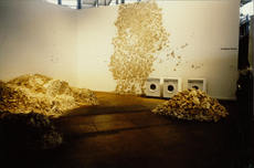 〈爬行之物〉， 黄永砅，1989， 装置﹝纸浆、洗衣机、书籍、报纸﹞