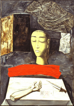 〈黑色三部曲之一恐怖、之二冥想、之三忧郁〉，张晓刚，1989–90，布上三联油画，179 x 114 x 3厘米