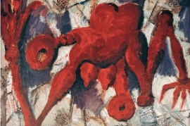 <i>Red Volume</i>, Mao Xuhui, 1984, oil on paper mounted on fibreboard, 79 x 105 cm