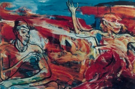 〈广州综合肉档之十〉，徐坦，1986，麻布油画，170 x 140厘米