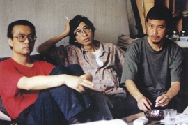 Photograph of <i>(left to right)</i> Zhang Xiaogang, Wang Lin and Ye Yongqing, taken in 1989.