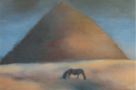 〈三角形的山和一匹马〉，周春芽，1986，纸版油画，40 x 60厘米