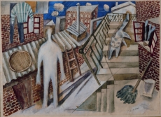 〈 红砖楼•胡同〉，毛旭辉，1985，纸本、水彩、铅笔， 30×41.5厘米