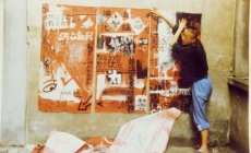 Wu Shanzhuan making <i>The Big Characters</i>, 35 mm colour slide, 1988.