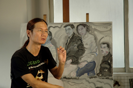 Interviewing Deng Jianjin at his studio in Guangzhou,<br> 1 August 2007.