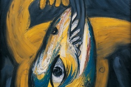 〈鸟人发功>〉，王友身，1988，木板油画，62 x 42.5 厘米